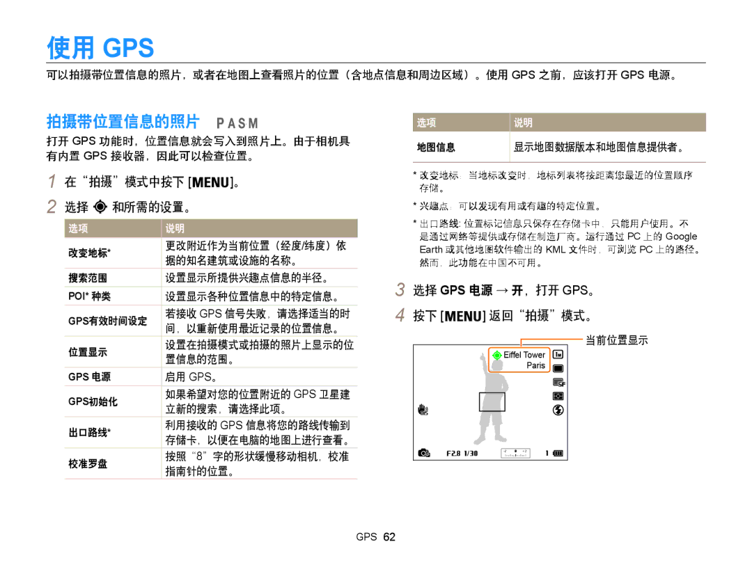 Samsung EC-WB850FBPBE3, EC-WB855FBDBE3 manual 使用 Gps, 拍摄带位置信息的照片, 在拍摄模式中按下 。 2 选择 和所需的设置。, 选择 Gps 电源 → 开，打开 Gps。 按下 返回拍摄模式。 