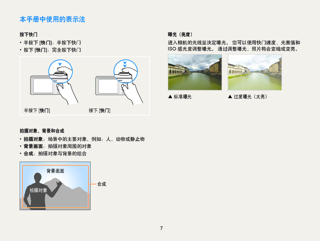 Samsung EC-WB850FBPBE2, EC-WB850FBPBE3, EC-WB855FBDBE3 manual 本手册中使用的表示法,  标准曝光 