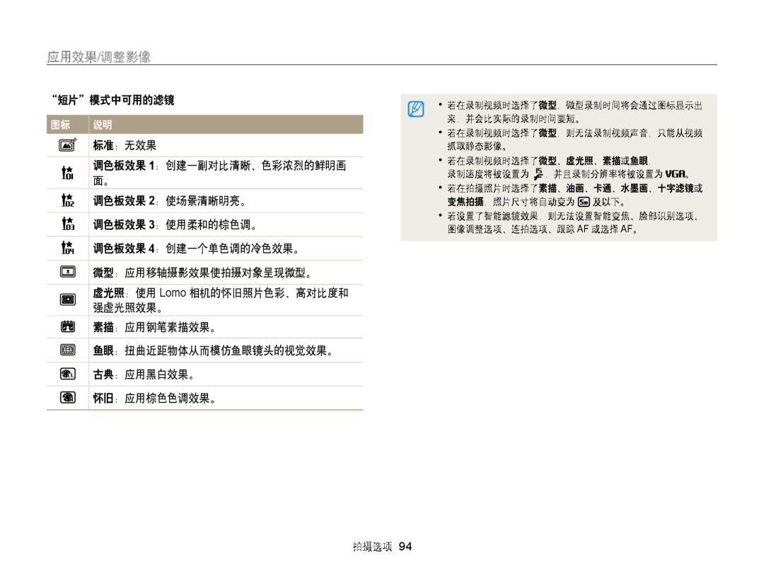 Samsung EC-WB850FBPBE2, EC-WB850FBPBE3, EC-WB855FBDBE3 manual 应用效果/调整影像 