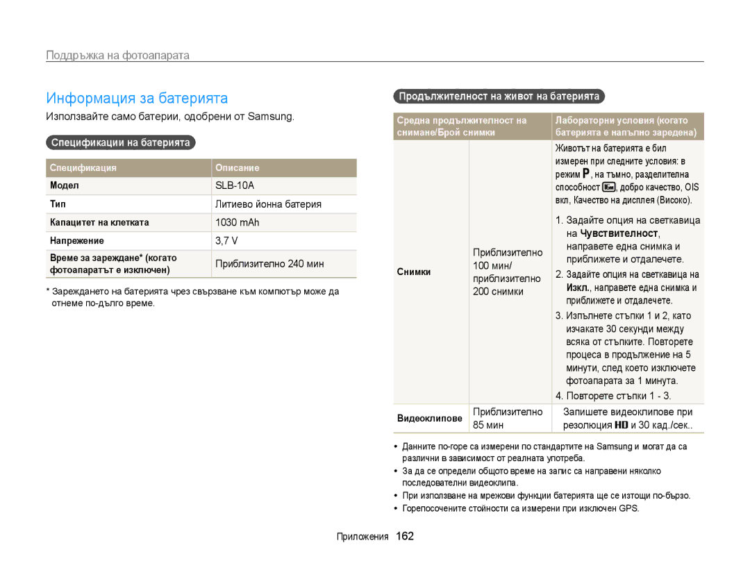 Samsung EC-WB850FBPBE3 manual Информация за батерията, Спецификации на батерията , Продължителност на живот на батерията  