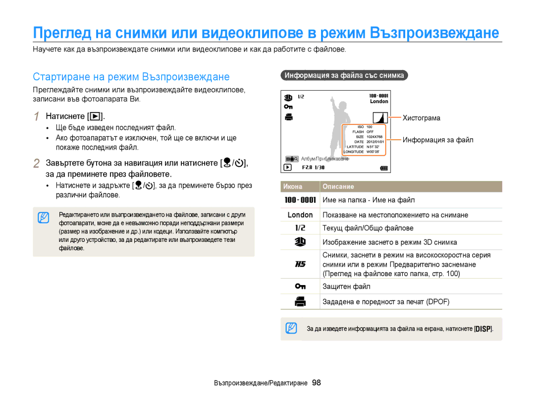 Samsung EC-WB850FBPBE3 Стартиране на режим Възпроизвеждане, Информация за файла със снимка , Хистограма Информация за файл 