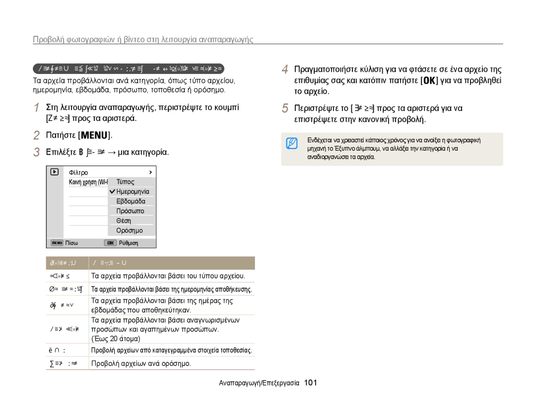 Samsung EC-WB850FBPBE3 manual Προβολή αρχείων ανά κατηγορία στο Έξυπνο άλμπουμ 