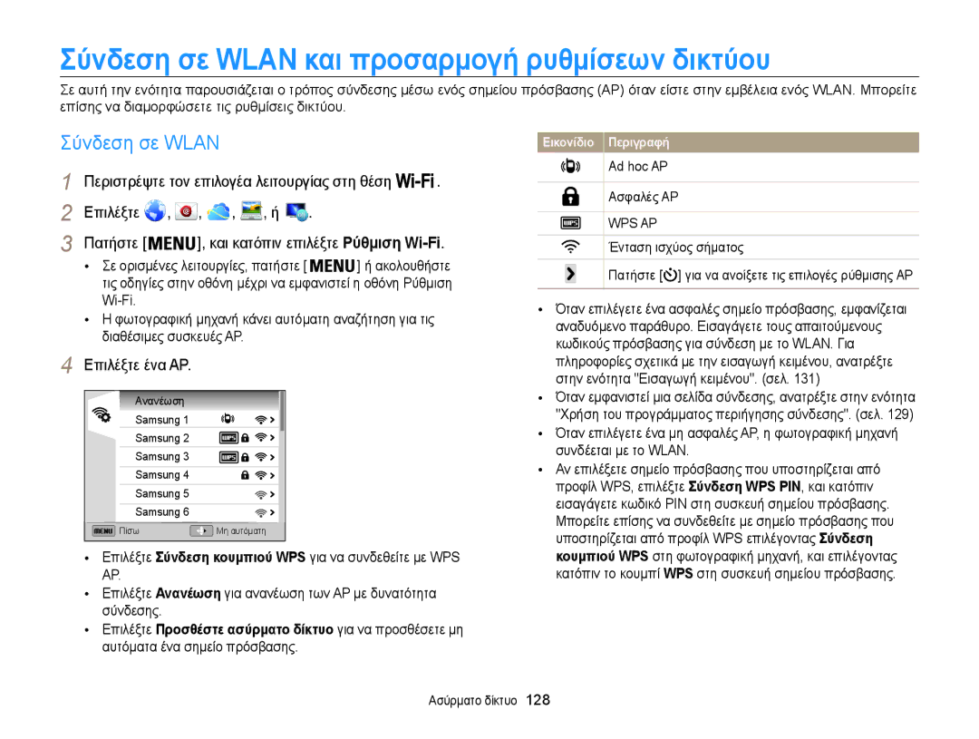 Samsung EC-WB850FBPBE3 manual Σύνδεση σε Wlan και προσαρμογή ρυθμίσεων δικτύου, Επιλέξτε ένα AP, Ad hoc AP Ασφαλές AP 