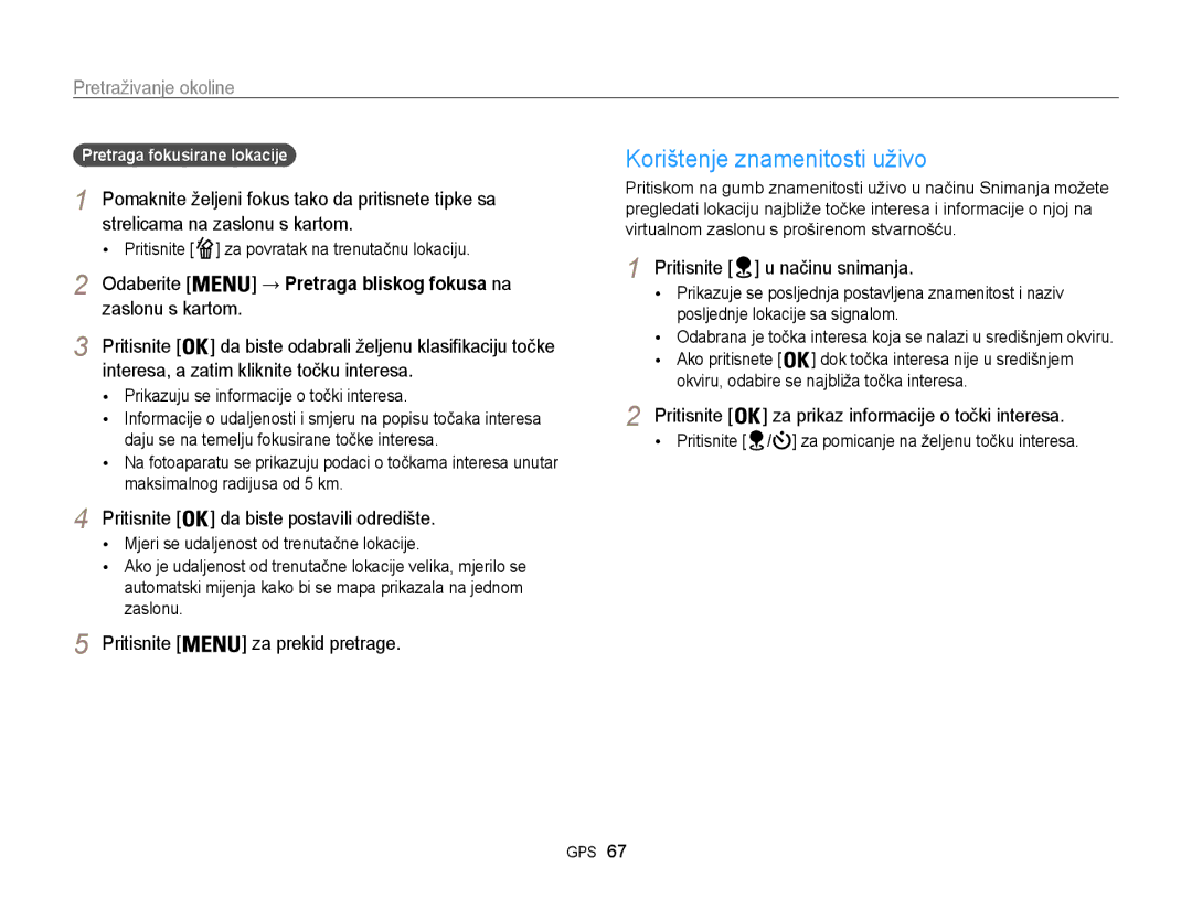 Samsung EC-WB850FBPBE3 manual Korištenje znamenitosti uživo, Pretraživanje okoline, Pritisnite u načinu snimanja 