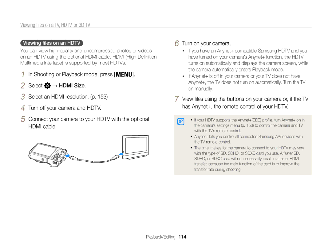 Samsung EC-WB850FBPBAE, EC-WB850FBPBFR manual Viewing files on a TV, HDTV, or 3D TV, Hdmi cable, Turn on your camera 