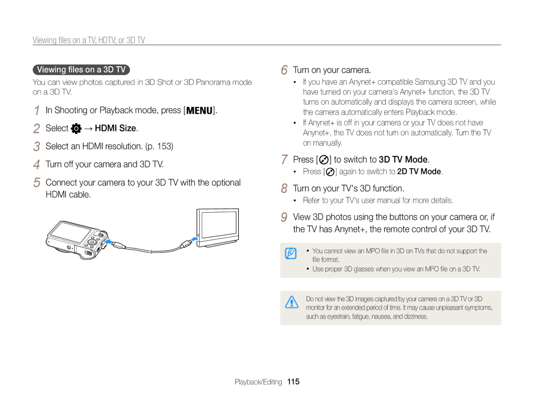 Samsung EC-WB850FBPBIL manual Press To switch to 3D TV Mode, Turn on your TVs 3D function, Viewing files on a 3D TV  