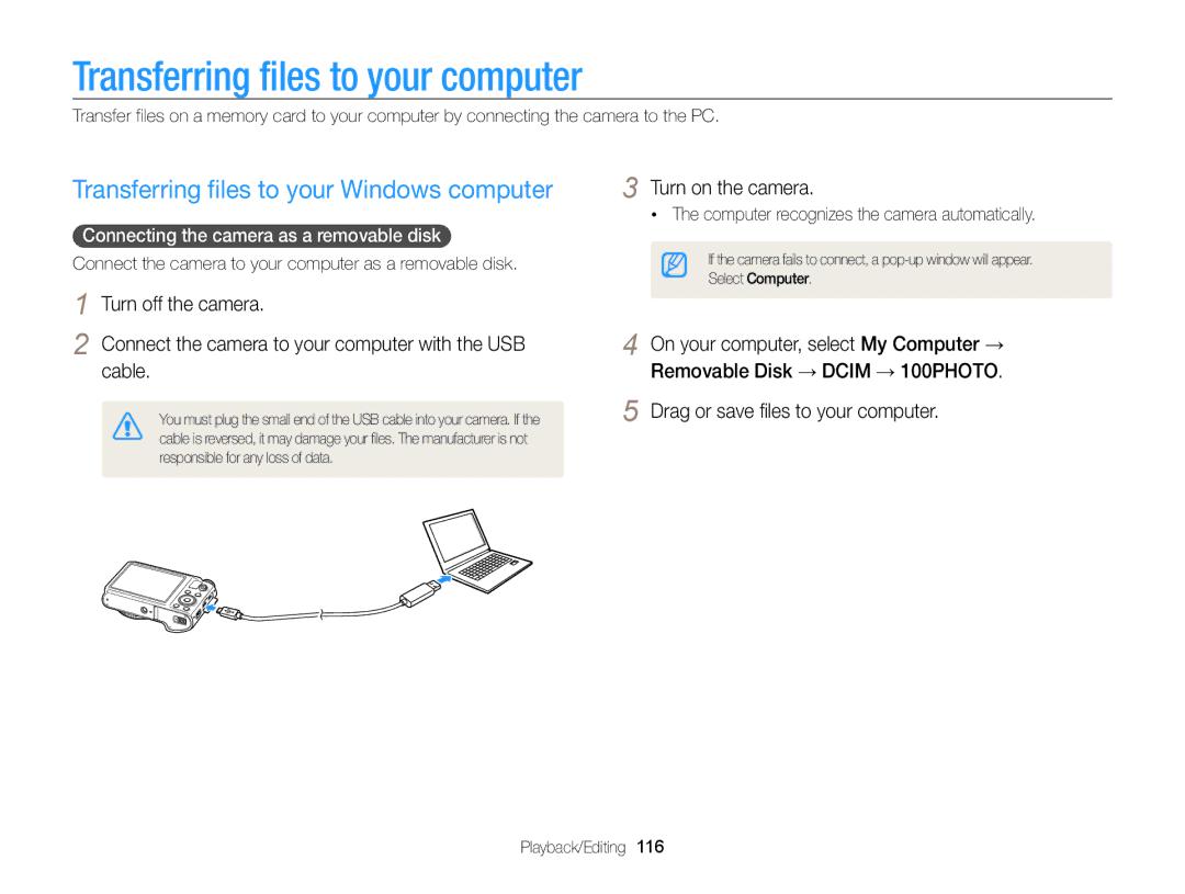 Samsung EC-WB850FBPBTW, EC-WB850FBPBFR Transferring files to your computer, Transferring files to your Windows computer 