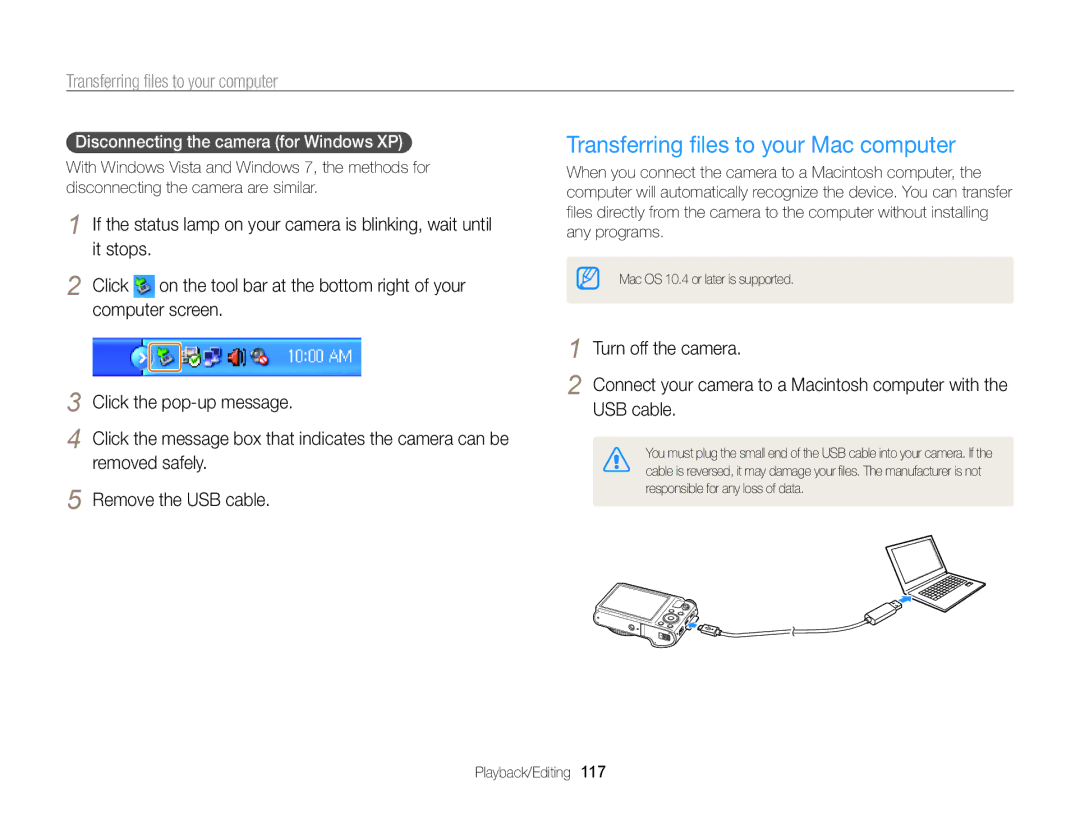 Samsung EC-WB850FDPBME manual Transferring files to your Mac computer, Transferring files to your computer, Removed safely 