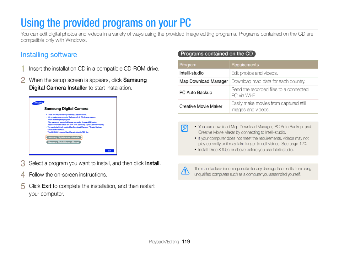 Samsung EC-WB850FBPBKE manual Using the provided programs on your PC, Installing software, Programs contained on the CD  