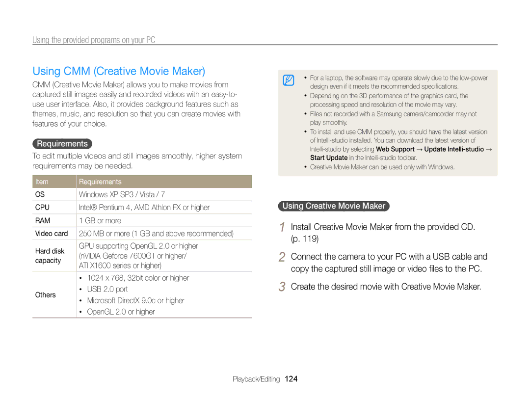 Samsung EC-WB850FBPBRU manual Using CMM Creative Movie Maker, Install Creative Movie Maker from the provided CD. p 