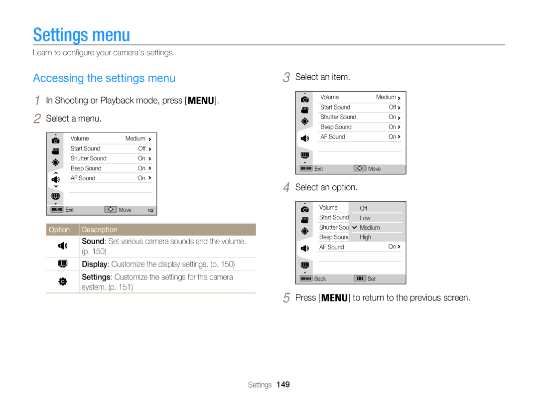 Samsung EC-WB850FBPBE3 manual Settings menu, Accessing the settings menu, Shooting or Playback mode, press Select a menu 