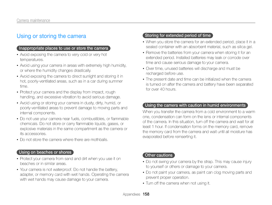 Samsung EC-WB850FBPBTW, EC-WB850FBPBFR, EC-WB850FBPBE1, EC-WB850FDDBME manual Using or storing the camera, Camera maintenance 