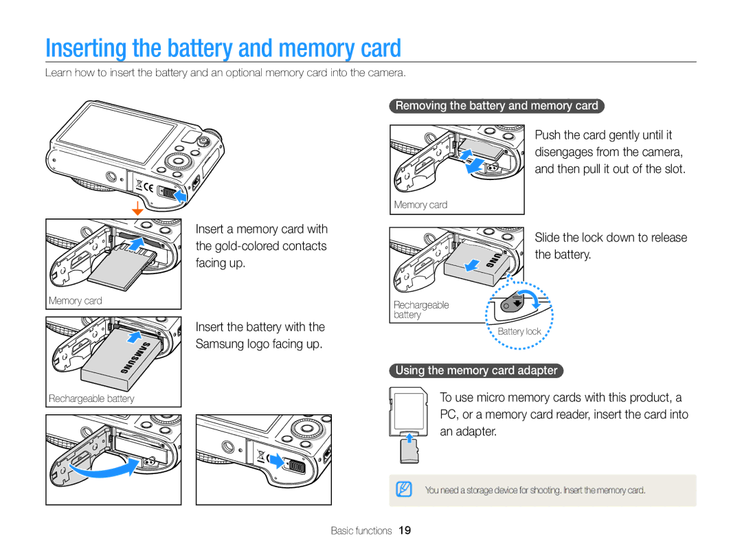 Samsung EC-WB850FDPBME manual Inserting the battery and memory card, Battery, Removing the battery and memory card  