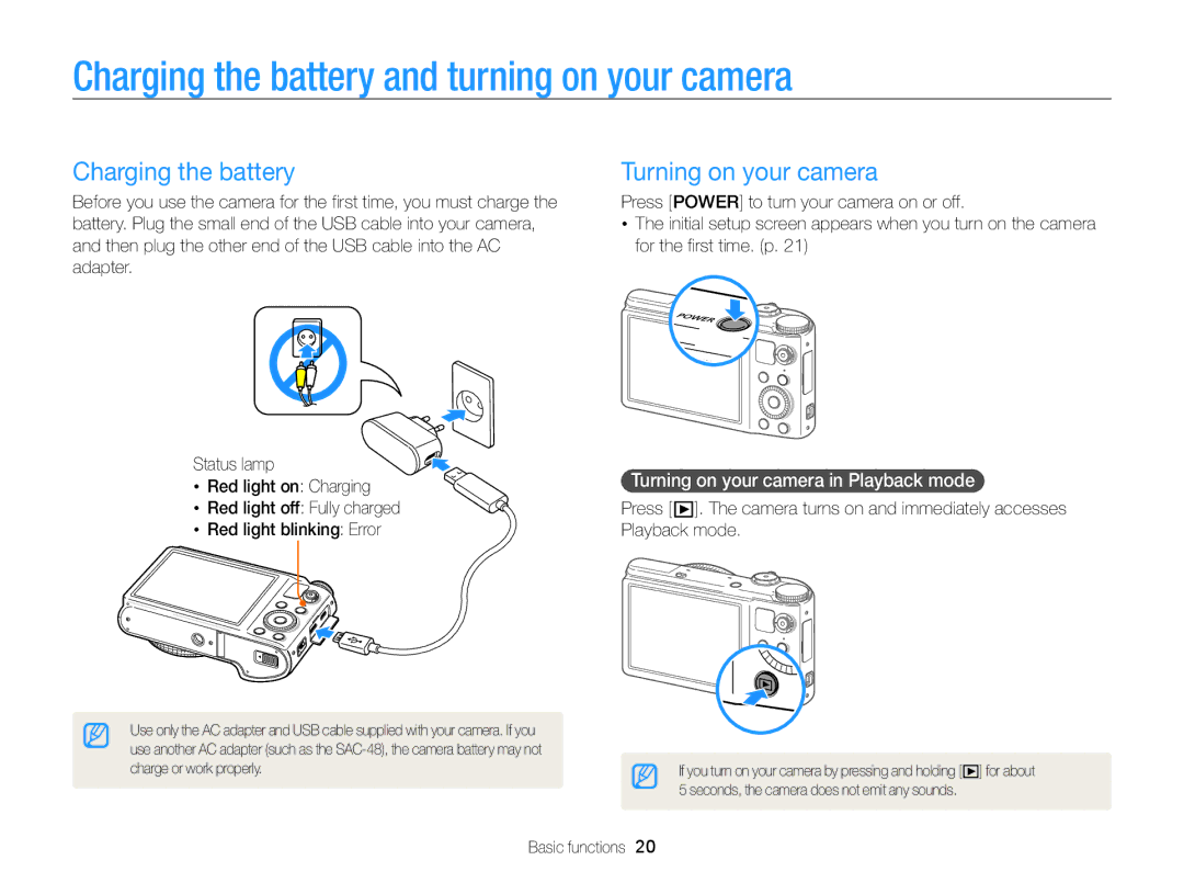 Samsung EC-WB850FDPBIR, EC-WB850FBPBFR manual Charging the battery and turning on your camera, Turning on your camera 