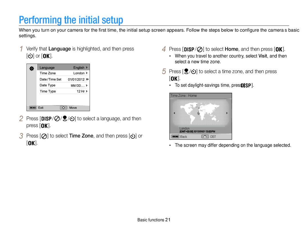 Samsung EC-WB850FBPBKE, EC-WB850FBPBFR manual Performing the initial setup, Press / to select a time zone, and then press 