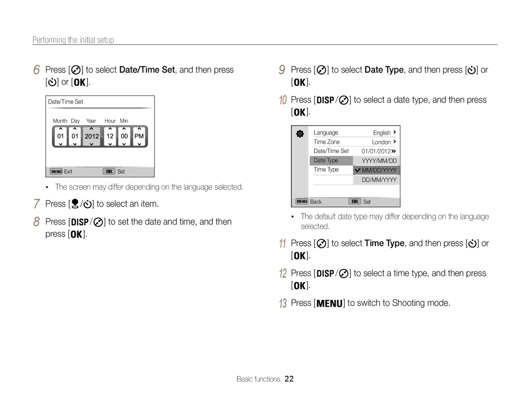 Samsung EC-WB850FBDBAE, EC-WB850FBPBFR manual Performing the initial setup, Press to select Date/Time Set, and then press or 