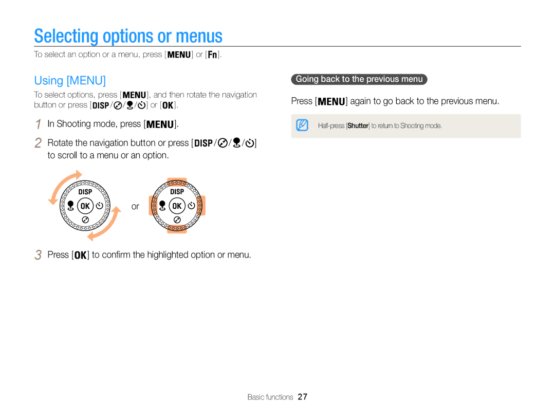 Samsung EC-WB850FBPBFR, EC-WB850FBPBE1 Selecting options or menus, Using Menu, Press again to go back to the previous menu 