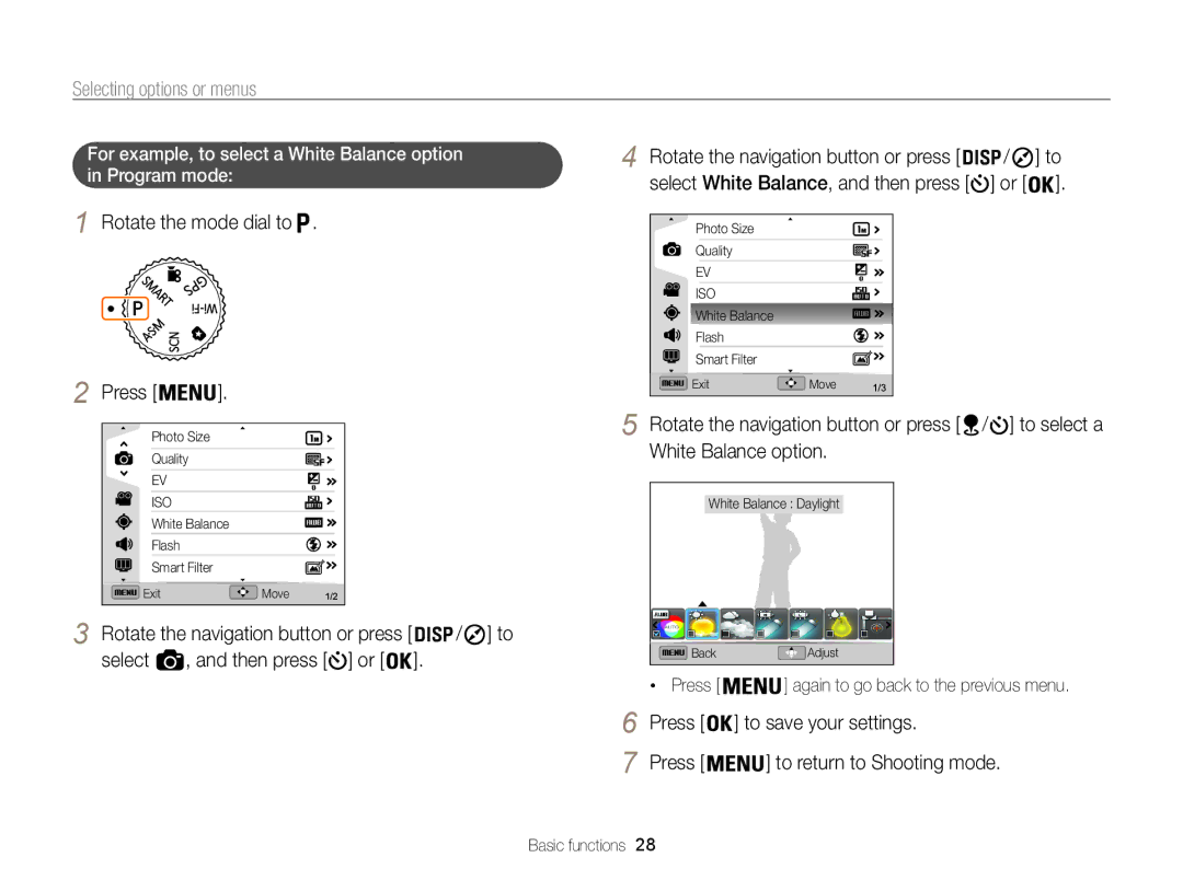 Samsung EC-WB850FBPBE1, EC-WB850FBPBFR Rotate the mode dial to, To select a, White Balance option, Select Then press or 