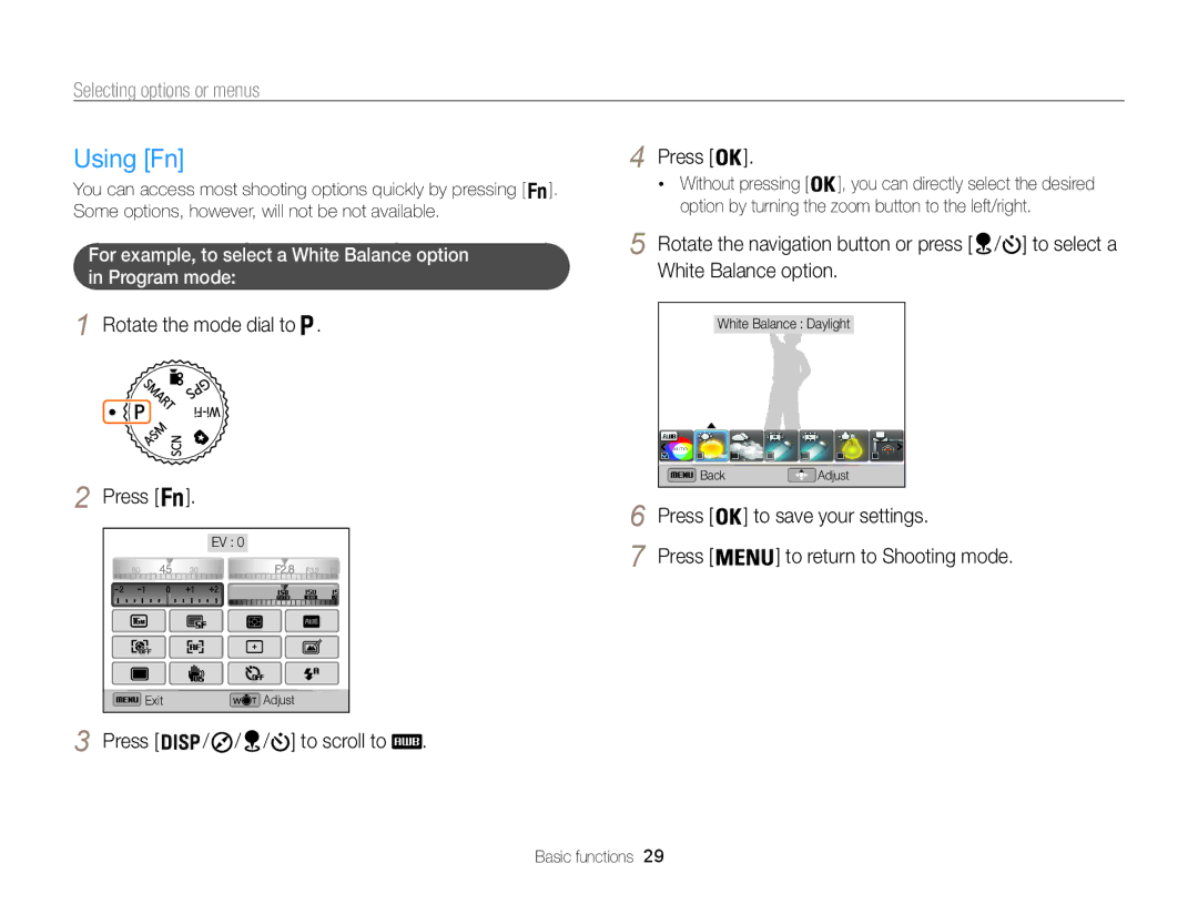 Samsung EC-WB850FDDBME, EC-WB850FBPBFR, EC-WB850FBPBE1 Using Fn, Selecting options or menus, To scroll to, Without pressing 