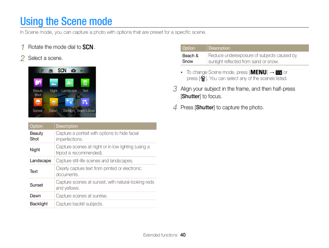 Samsung EC-WB850FBPBRU, EC-WB850FBPBFR, EC-WB850FBPBE1, EC-WB850FDDBME, EC-WB850FBPBAE Using the Scene mode, Select a scene 