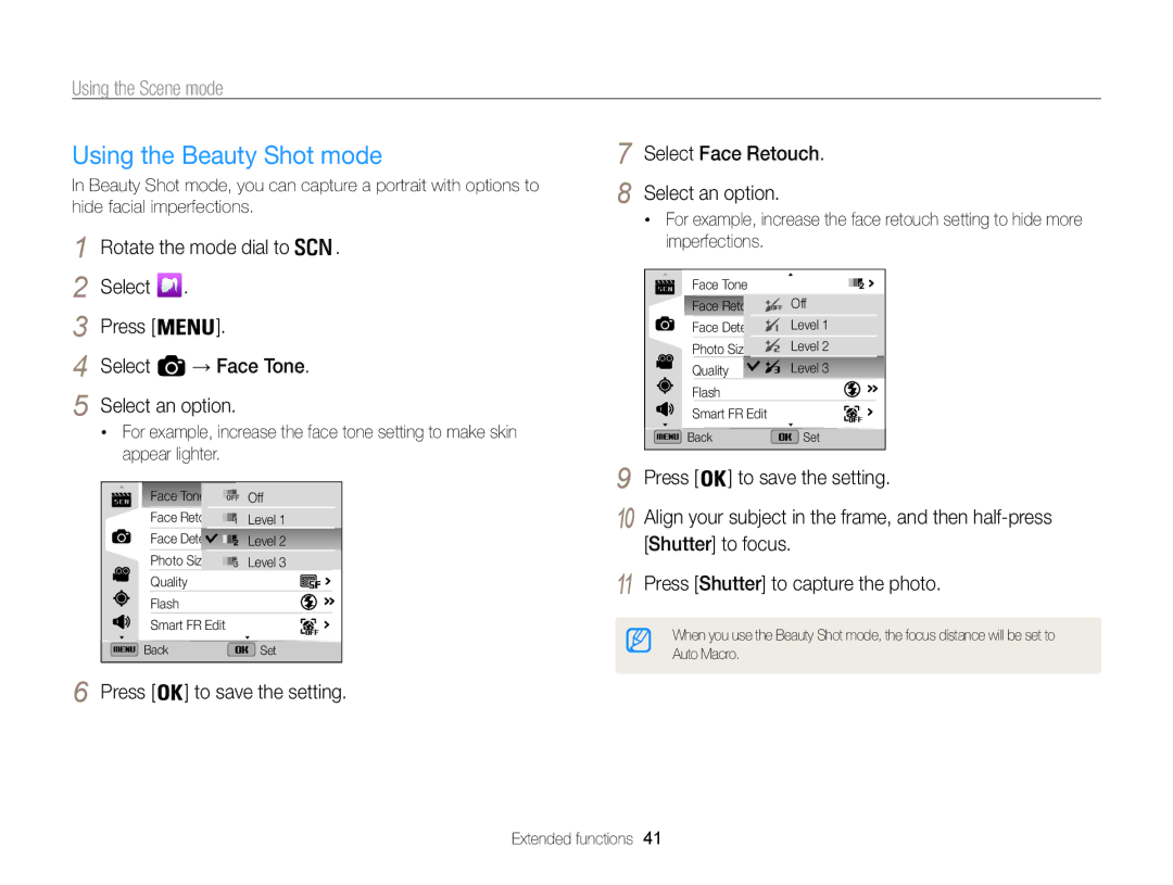 Samsung EC-WB850FBPBFR Using the Beauty Shot mode, Using the Scene mode, Rotate the mode dial to Select Press, → Face Tone 