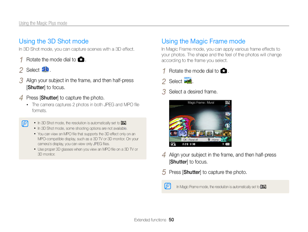 Samsung EC-WB850FBDBAE, EC-WB850FBPBFR Using the 3D Shot mode, Using the Magic Frame mode, Select Select a desired frame 