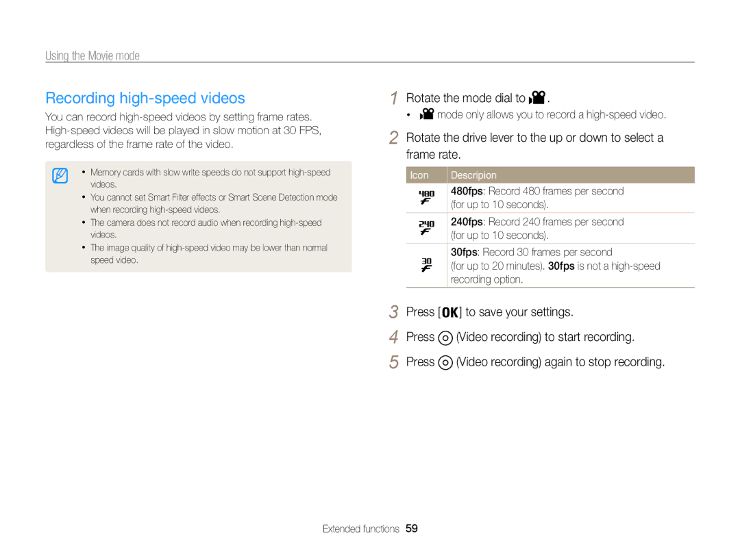 Samsung EC-WB850FBPBIL Recording high-speed videos, Mode only allows you to record a high-speed video, Icon Descripion 