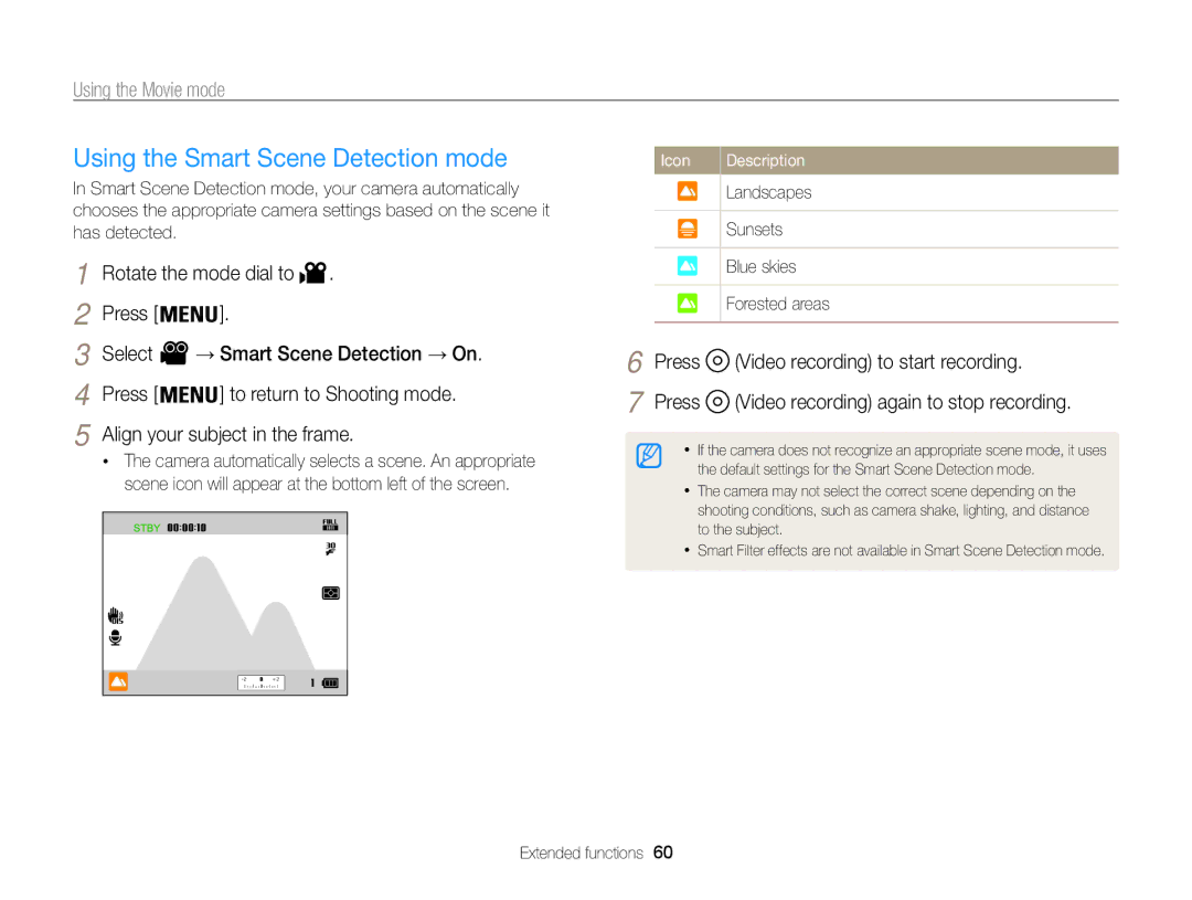 Samsung EC-WB850FBPBTW, EC-WB850FBPBFR Using the Smart Scene Detection mode, Press Select, Align your subject in the frame 