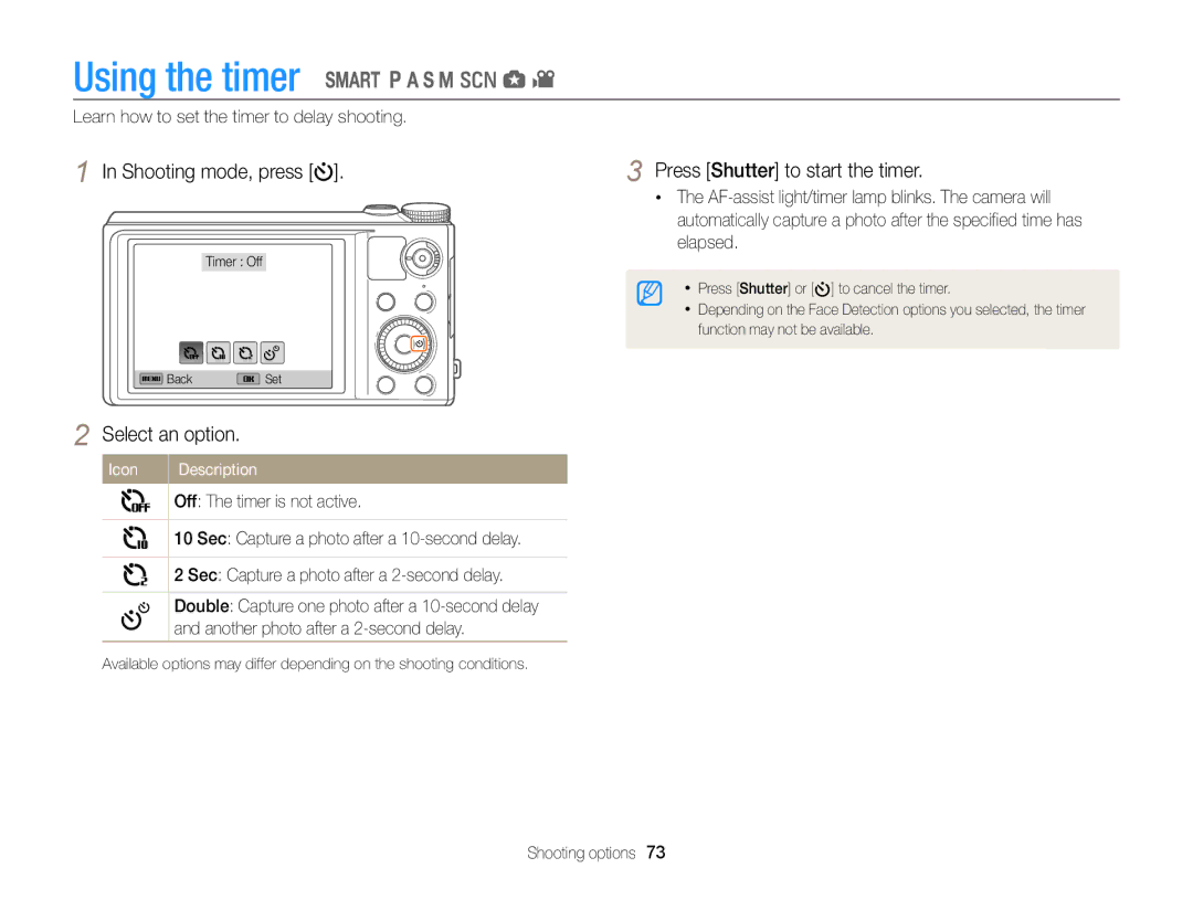 Samsung EC-WB850FBPBIL, EC-WB850FBPBFR manual Using the timer, Shooting mode, press, Press Shutter to start the timer 