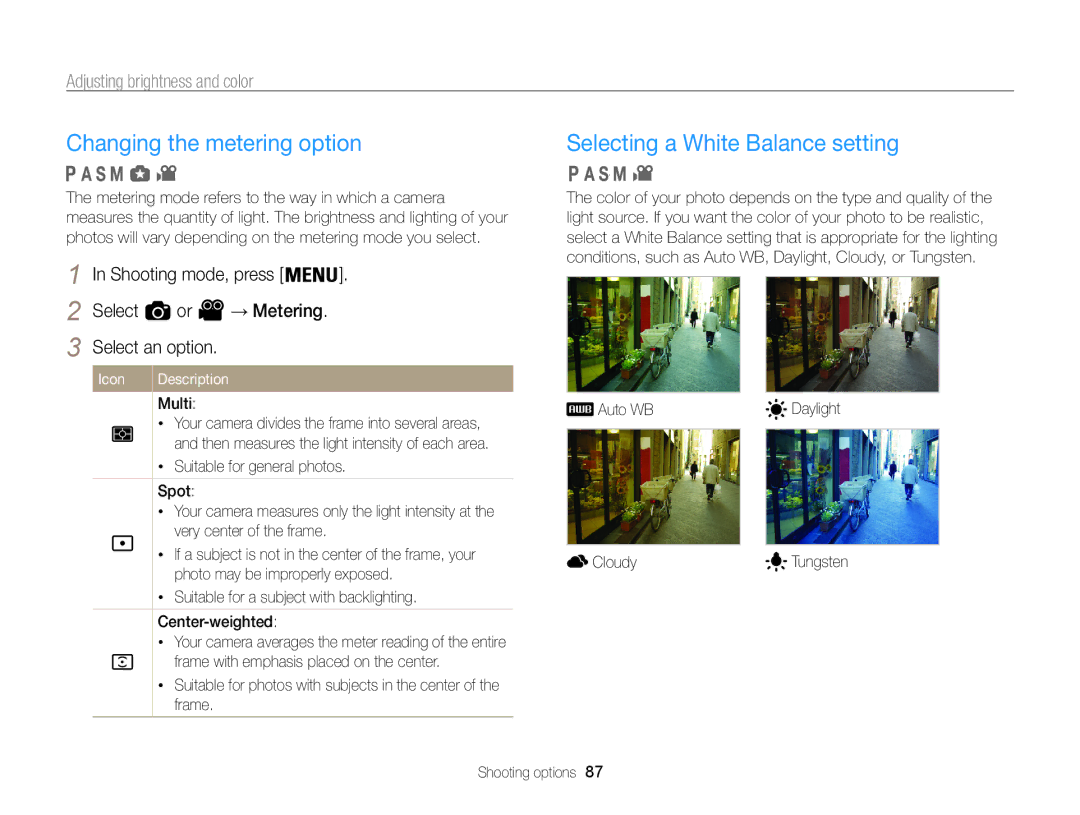 Samsung EC-WB850FBPBIL Changing the metering option, Selecting a White Balance setting, Adjusting brightness and color 