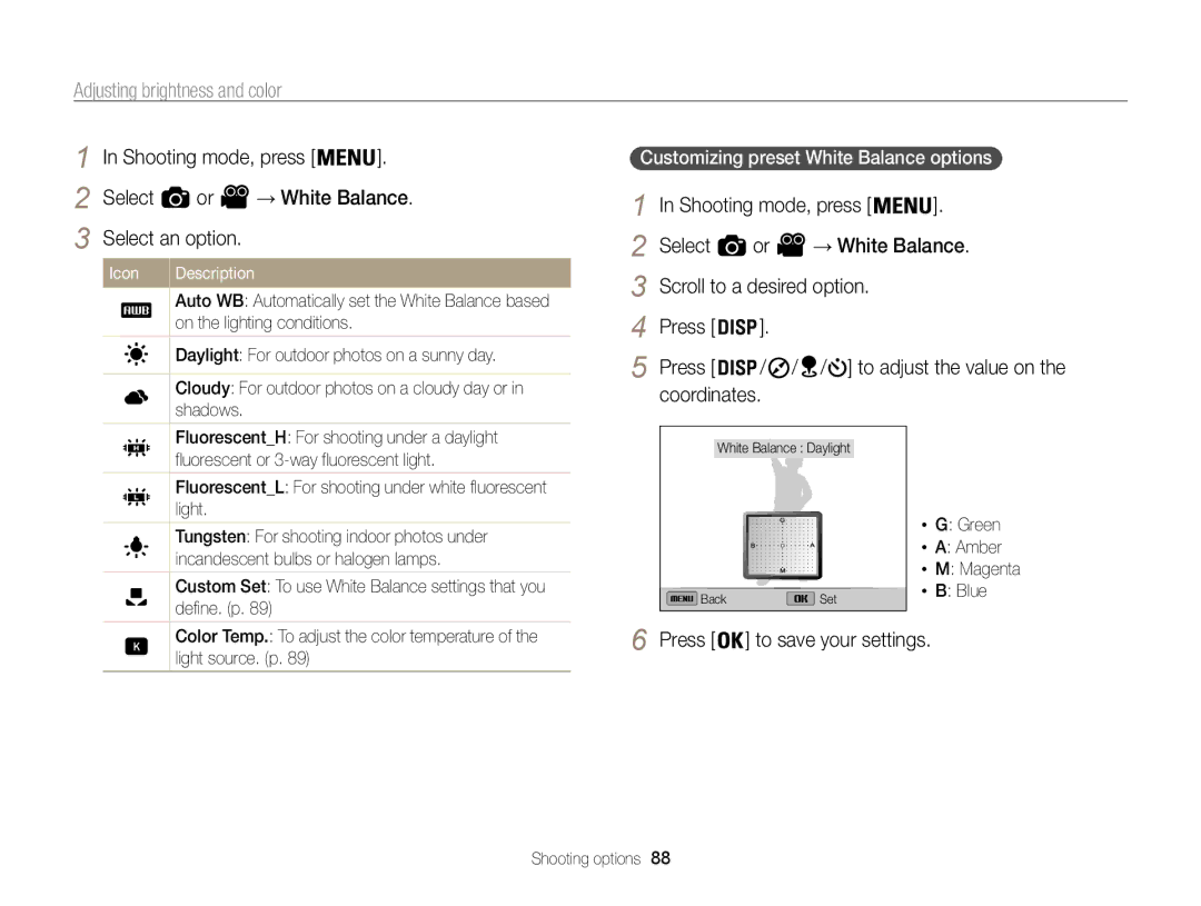 Samsung EC-WB850FBPBTW, EC-WB850FBPBFR, EC-WB850FBPBE1 manual Customizing preset White Balance options , → White Balance 