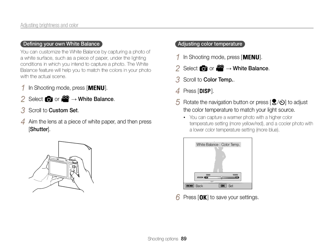 Samsung EC-WB850FDPBME manual Scroll to Custom Set, Shutter, Scroll to Color Temp Press, Defining your own White Balance  