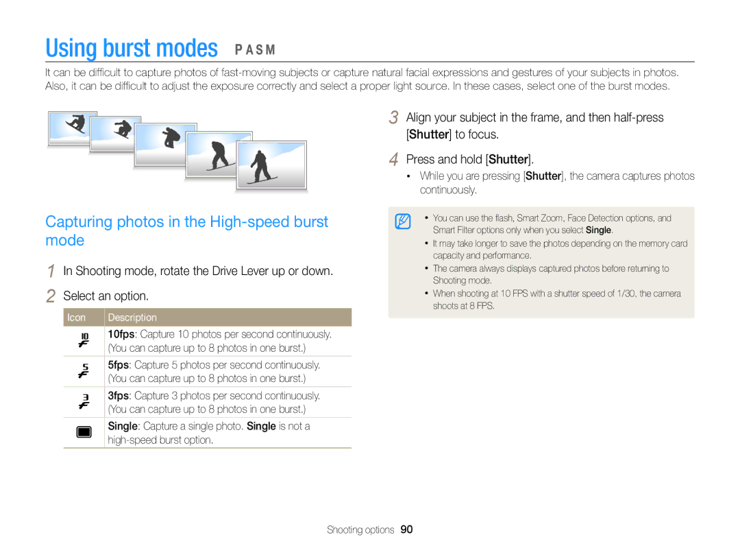 Samsung EC-WB850FDPBIR, EC-WB850FBPBFR, EC-WB850FBPBE1 Using burst modes, Capturing photos in the High-speed burst mode 