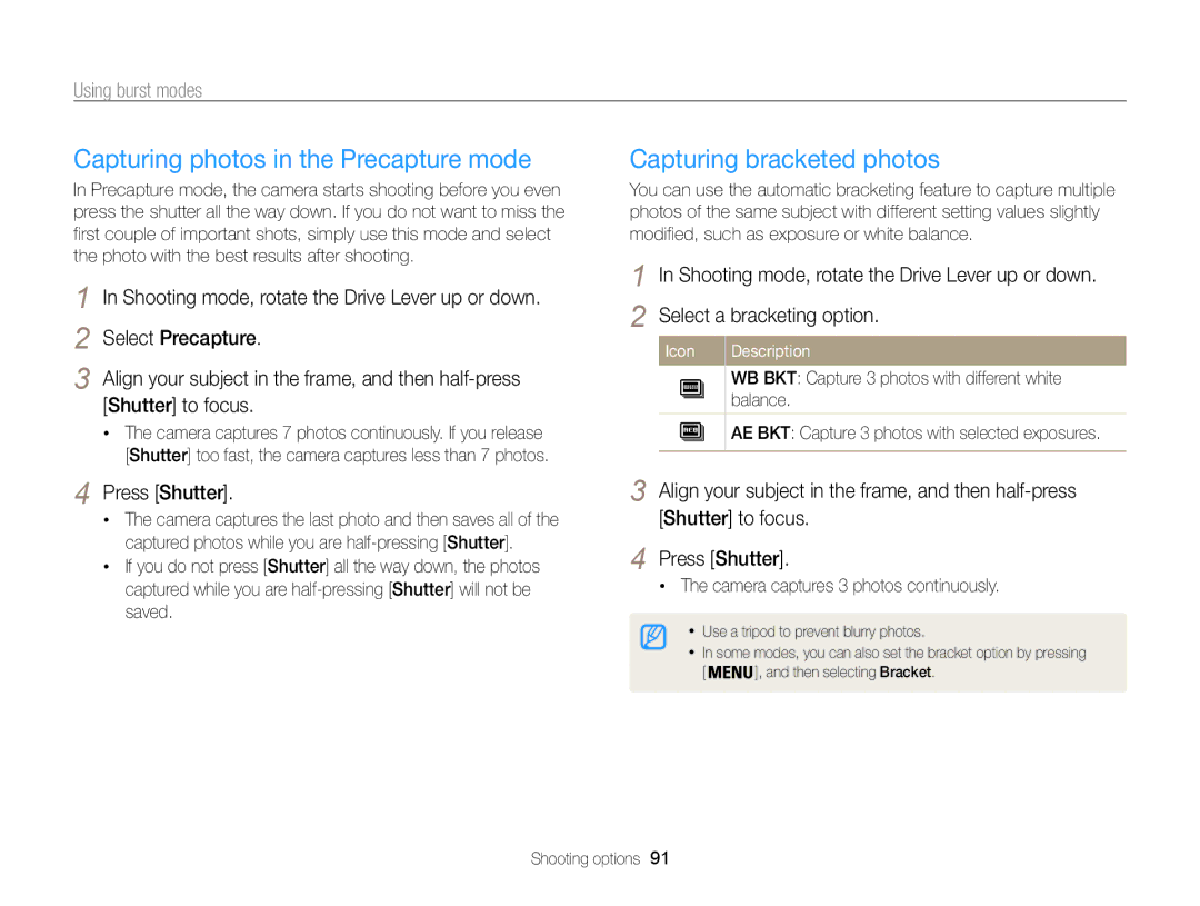 Samsung EC-WB850FBPBKE, EC-WB850FBPBFR, EC-WB850FBPBE1 Capturing bracketed photos, Camera captures 3 photos continuously 