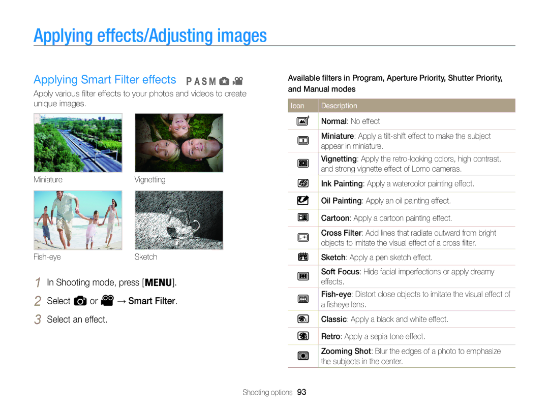 Samsung EC-WB850FBPBE3, EC-WB850FBPBFR, EC-WB850FBPBE1 Applying effects/Adjusting images, Applying Smart Filter effects 