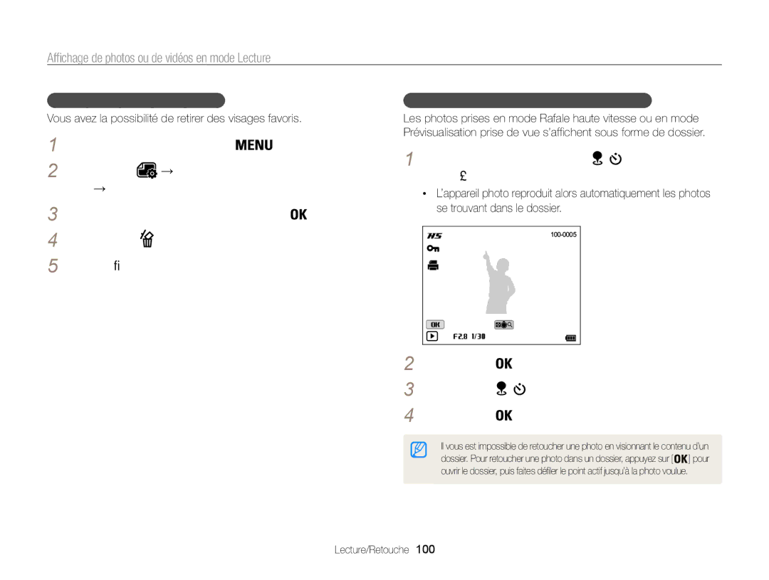 Samsung EC-WB850FBPBE1 En mode Lecture, appuyez sur, Appuyez sur Pour ouvrir le dossier, Suppression de visages favoris  