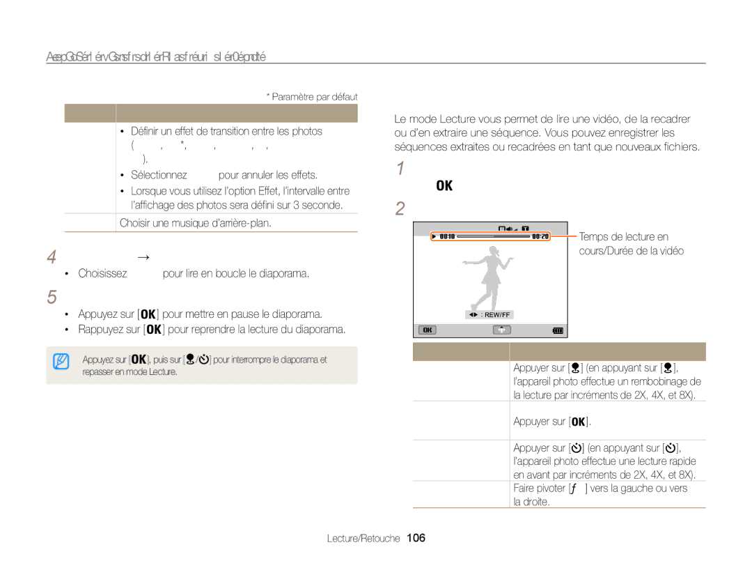 Samsung EC-WB850FBPBE1, EC-WB850FBPBFR manual Lecture d’une vidéo, Sélectionnez Démarrer → Lecture, Visionnez le diaporama 