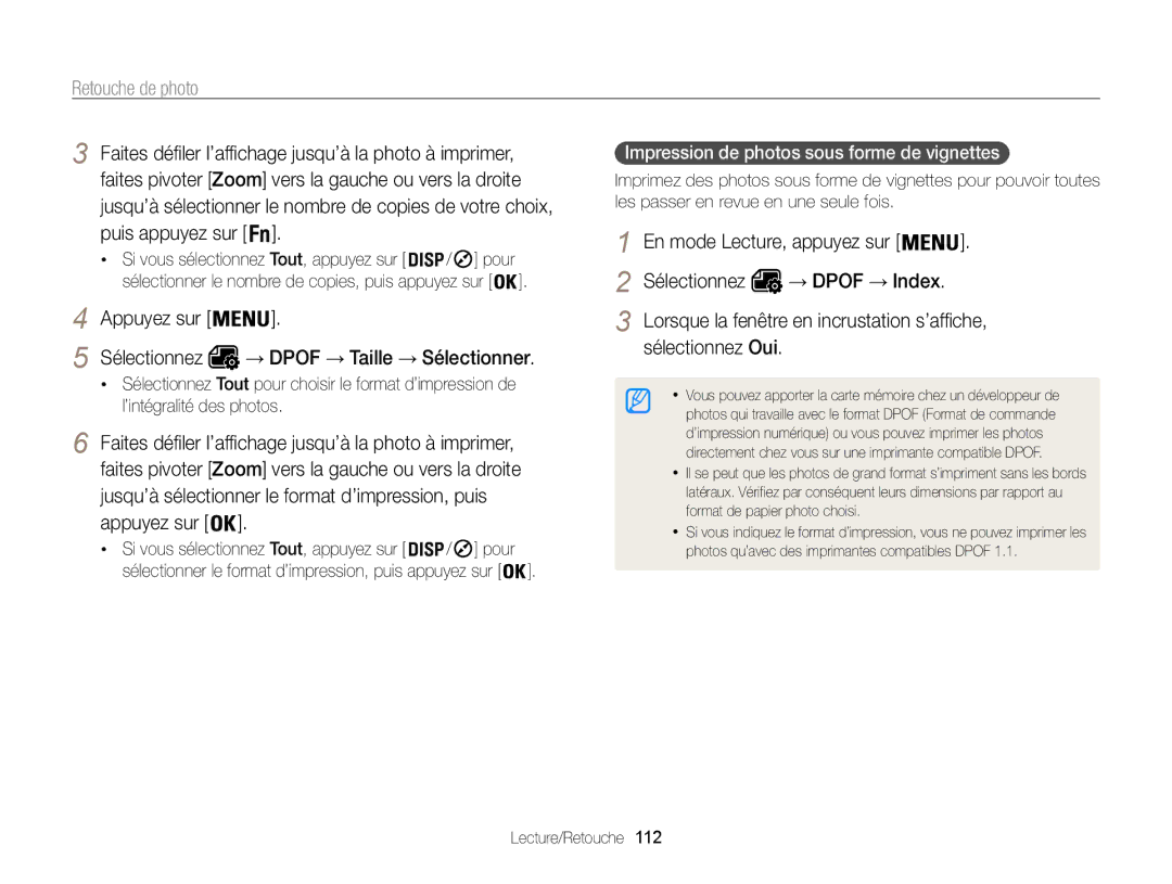 Samsung EC-WB850FBPBE1, EC-WB850FBPBFR manual Appuyez sur Sélectionnez → Dpof → Taille → Sélectionner 