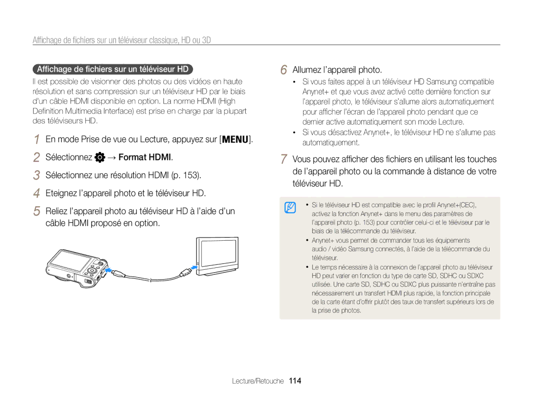 Samsung EC-WB850FBPBE1 manual Affichage de fichiers sur un téléviseur classique, HD ou 3D, Allumez l’appareil photo 