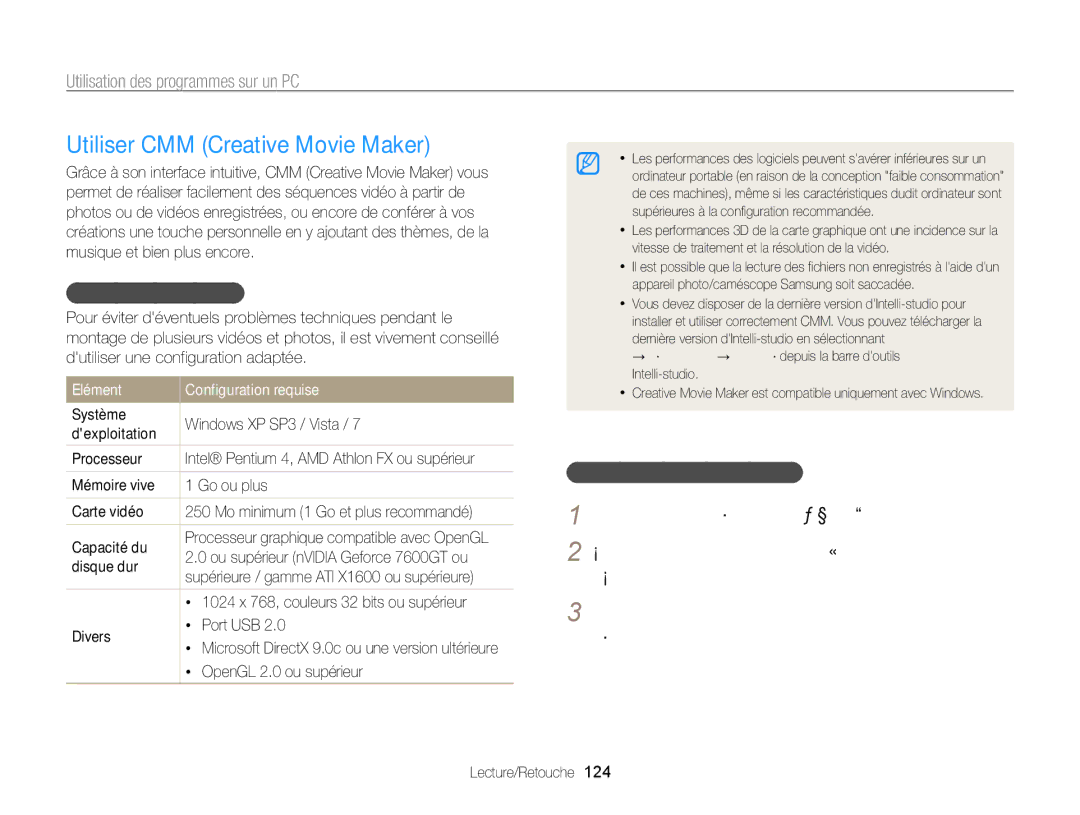 Samsung EC-WB850FBPBE1, EC-WB850FBPBFR Utiliser CMM Creative Movie Maker, Installez Creative Movie Maker à partir du CD p 