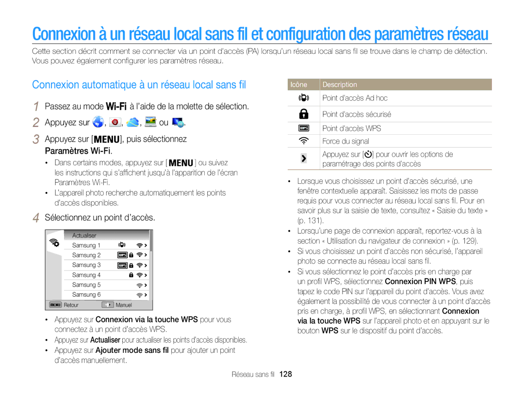 Samsung EC-WB850FBPBE1 Connexion automatique à un réseau local sans fil, Sélectionnez un point d’accès, Réseau sans fil 