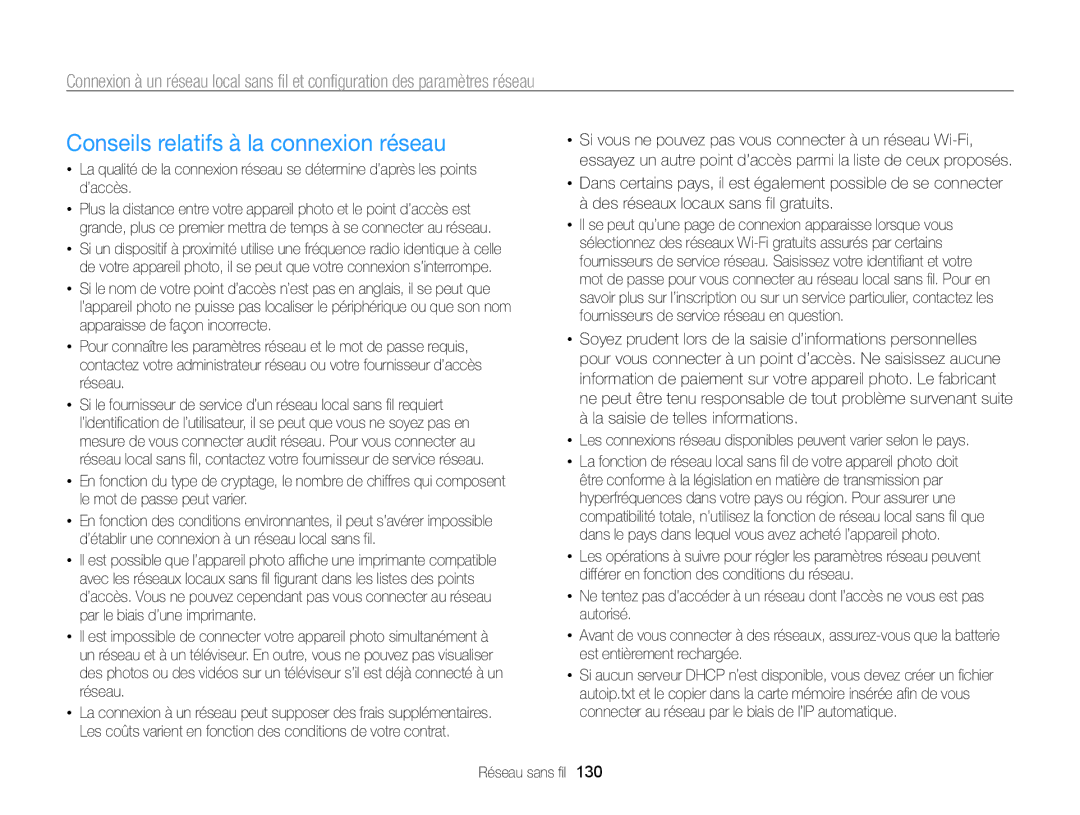 Samsung EC-WB850FBPBE1, EC-WB850FBPBFR manual Conseils relatifs à la connexion réseau 