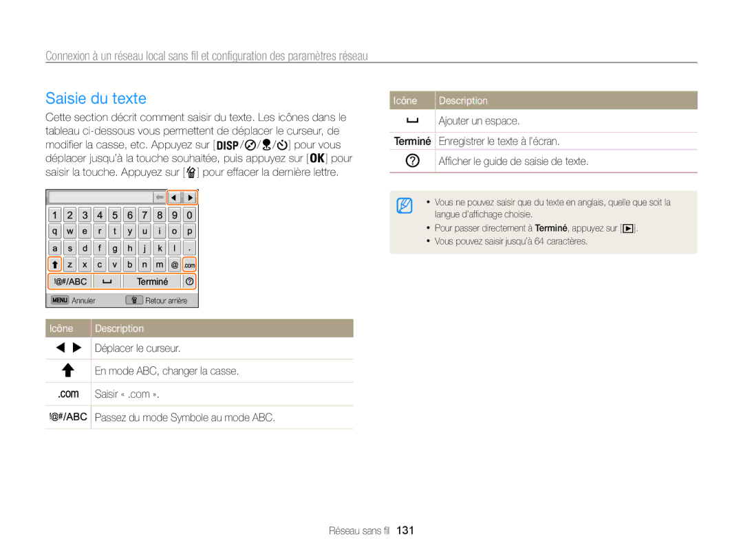 Samsung EC-WB850FBPBFR, EC-WB850FBPBE1 manual Saisie du texte, Icône Description 