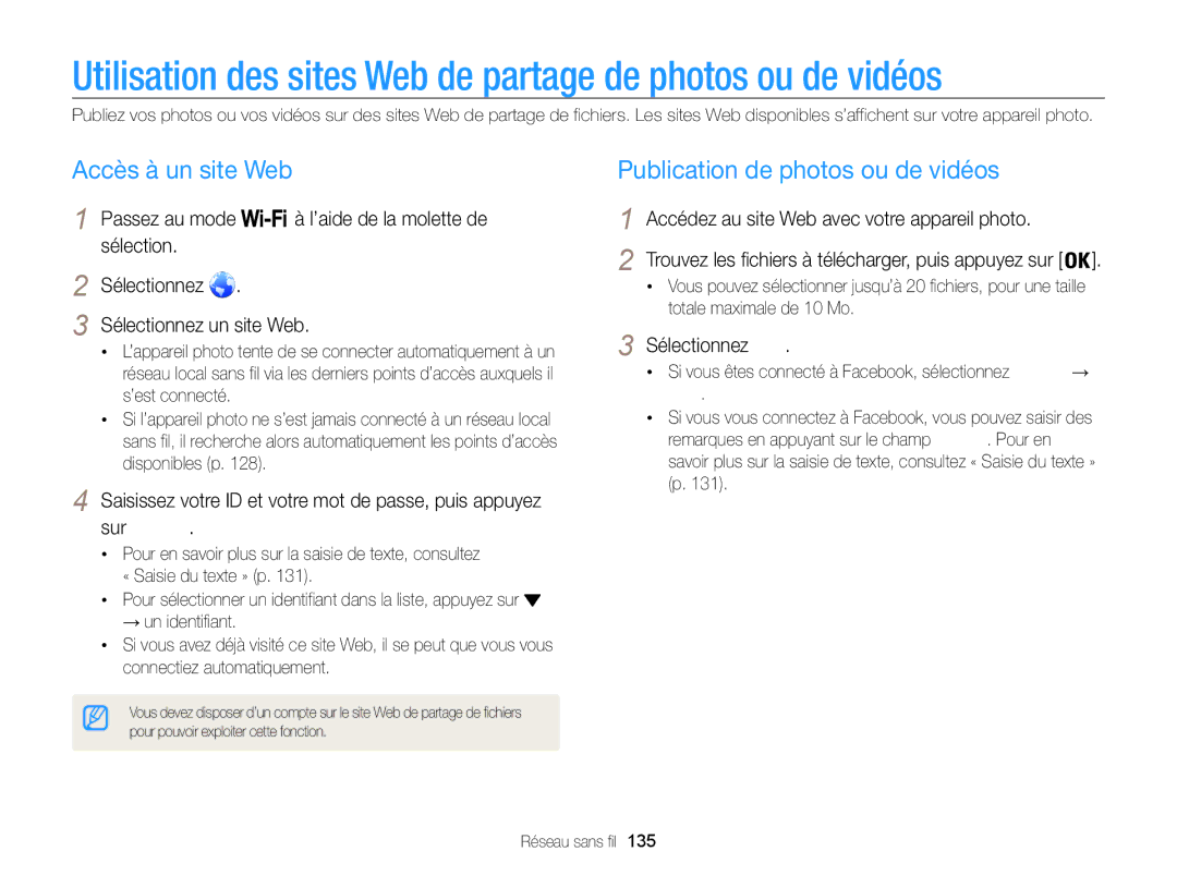 Samsung EC-WB850FBPBFR, EC-WB850FBPBE1 Utilisation des sites Web de partage de photos ou de vidéos, Accès à un site Web 