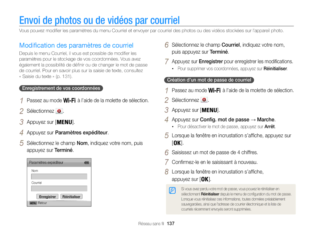 Samsung EC-WB850FBPBFR, EC-WB850FBPBE1 Envoi de photos ou de vidéos par courriel, Modification des paramètres de courriel 