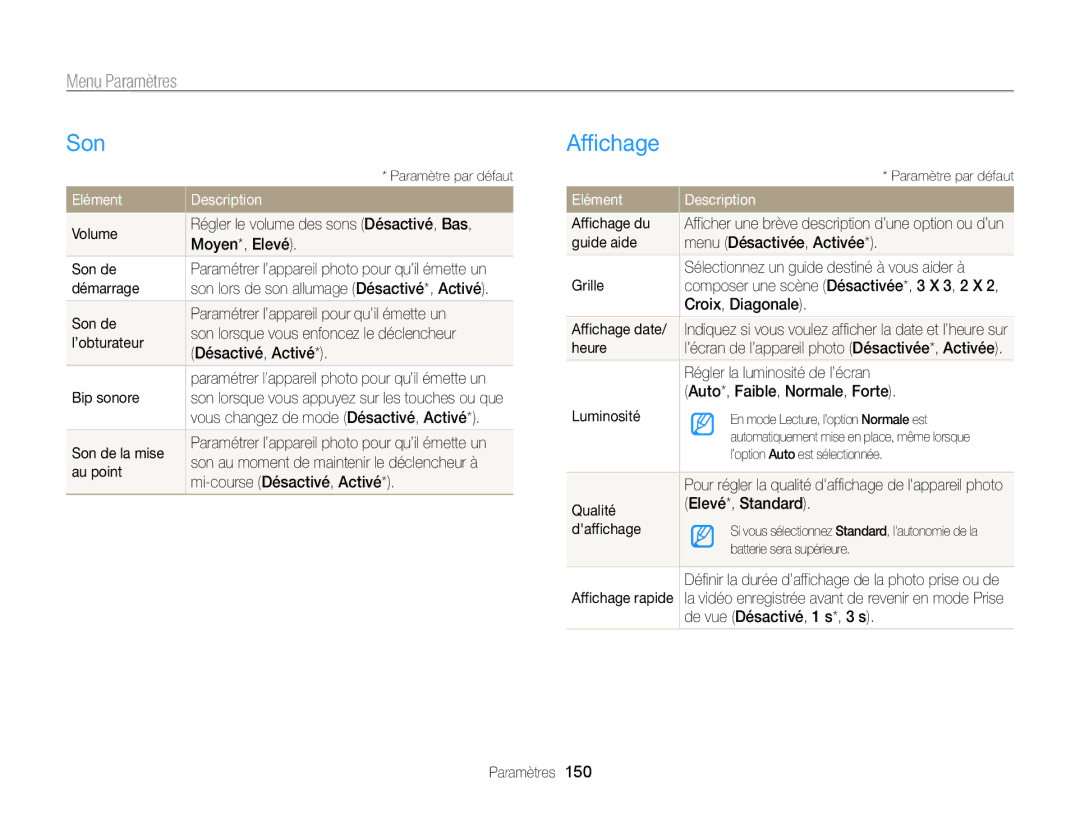 Samsung EC-WB850FBPBE1, EC-WB850FBPBFR manual Son, Affichage, Menu Paramètres, Elément Description 