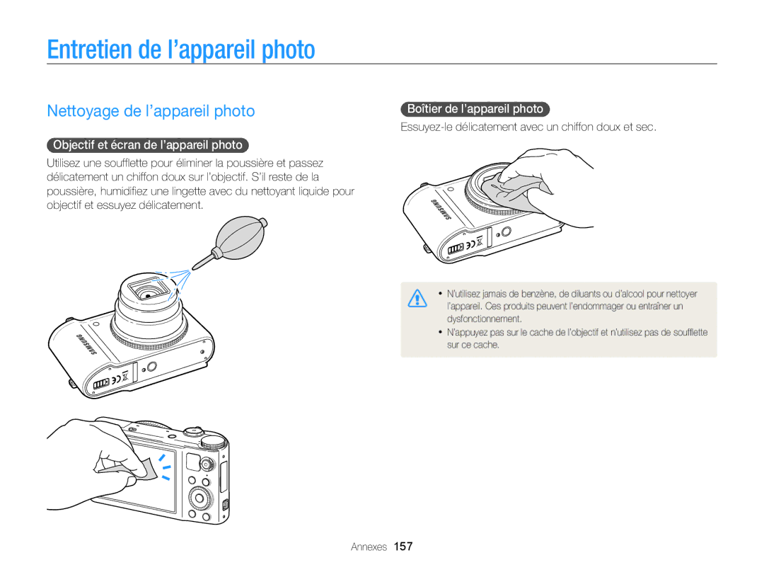 Samsung EC-WB850FBPBFR manual Entretien de l’appareil photo, Nettoyage de l’appareil photo, Boîtier de l’appareil photo  