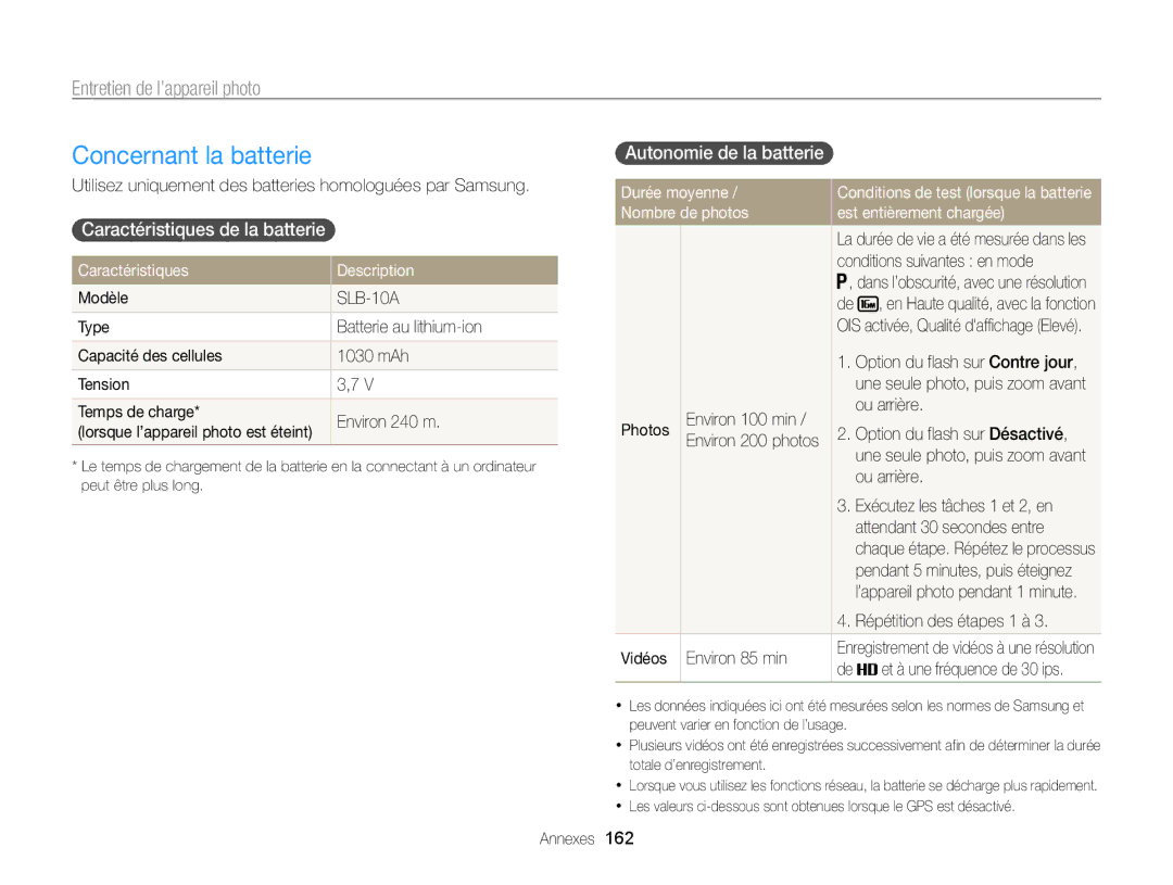 Samsung EC-WB850FBPBE1, EC-WB850FBPBFR Concernant la batterie, Caractéristiques de la batterie , Autonomie de la batterie  