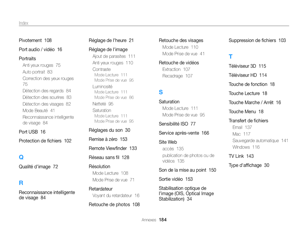 Samsung EC-WB850FBPBE1 manual Reconnaissance intelligente de visage, Ajout de parasites 111 Anti yeux rouges 110 Contraste 