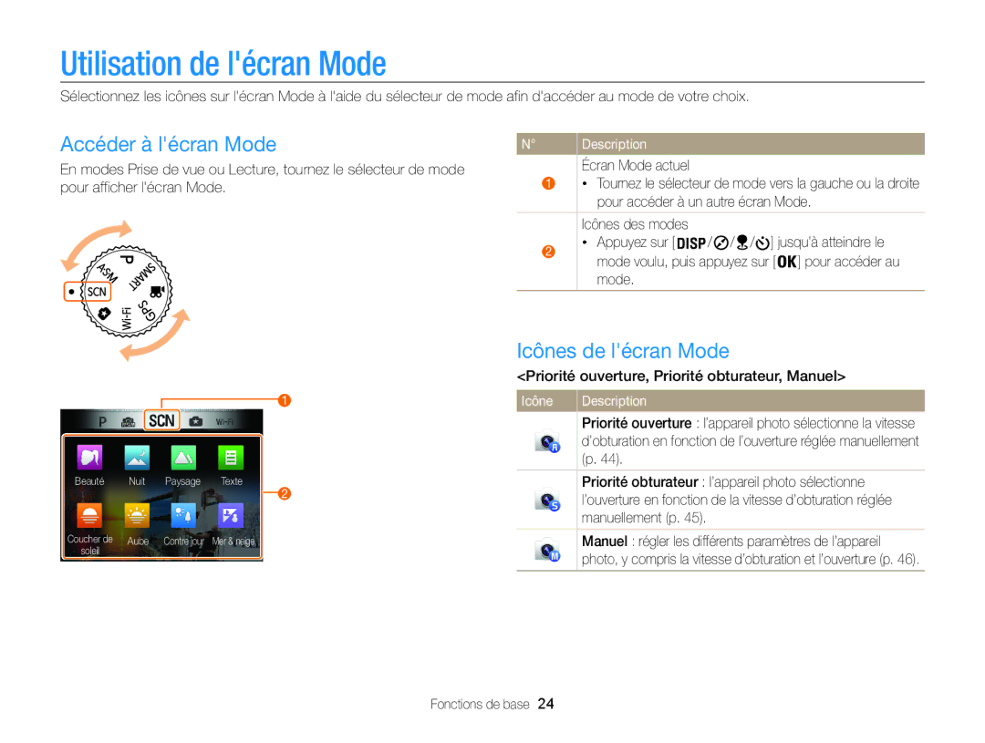 Samsung EC-WB850FBPBE1, EC-WB850FBPBFR manual Utilisation de lécran Mode, Accéder à lécran Mode, Icônes de lécran Mode 